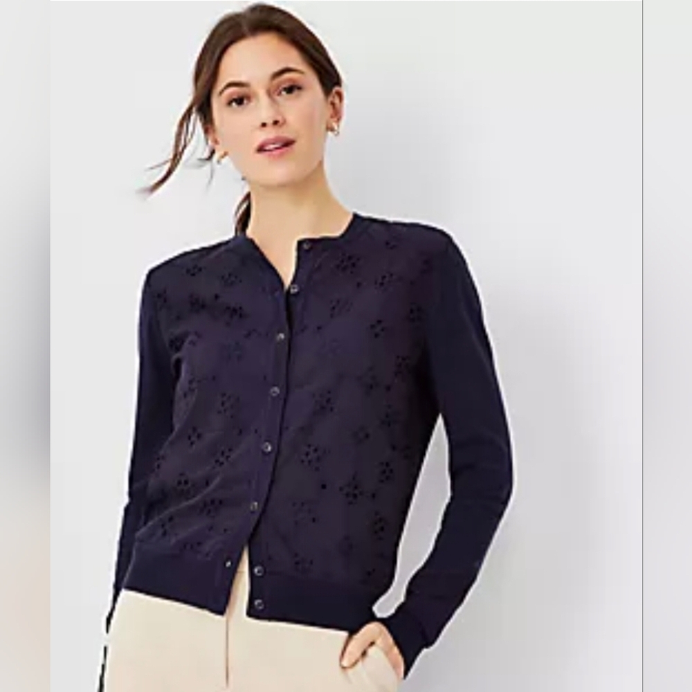 Ann Taylor Navy Mixed Media Floral Eyelet Ann Button Front Cardigan